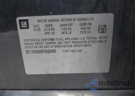 2015 Chevrolet Impala 2Lz z USA, uszkodzony, nr VIN 2G1165S38F9202485